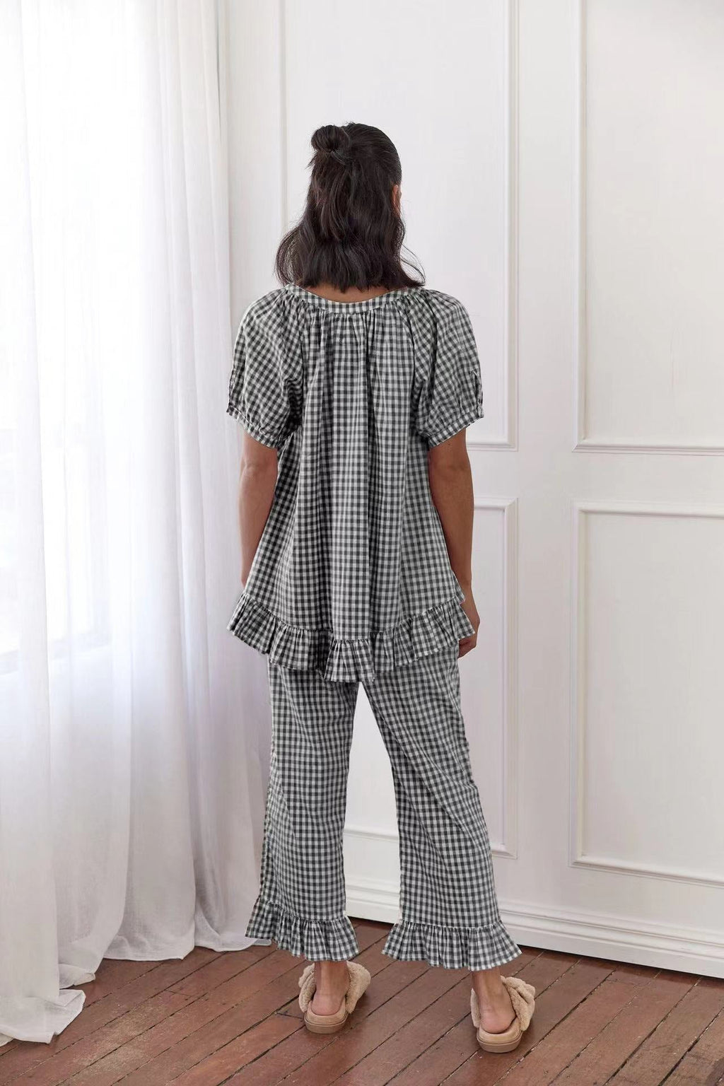 Relaxed Ruffled Plaid Print Shirt Pajama Set