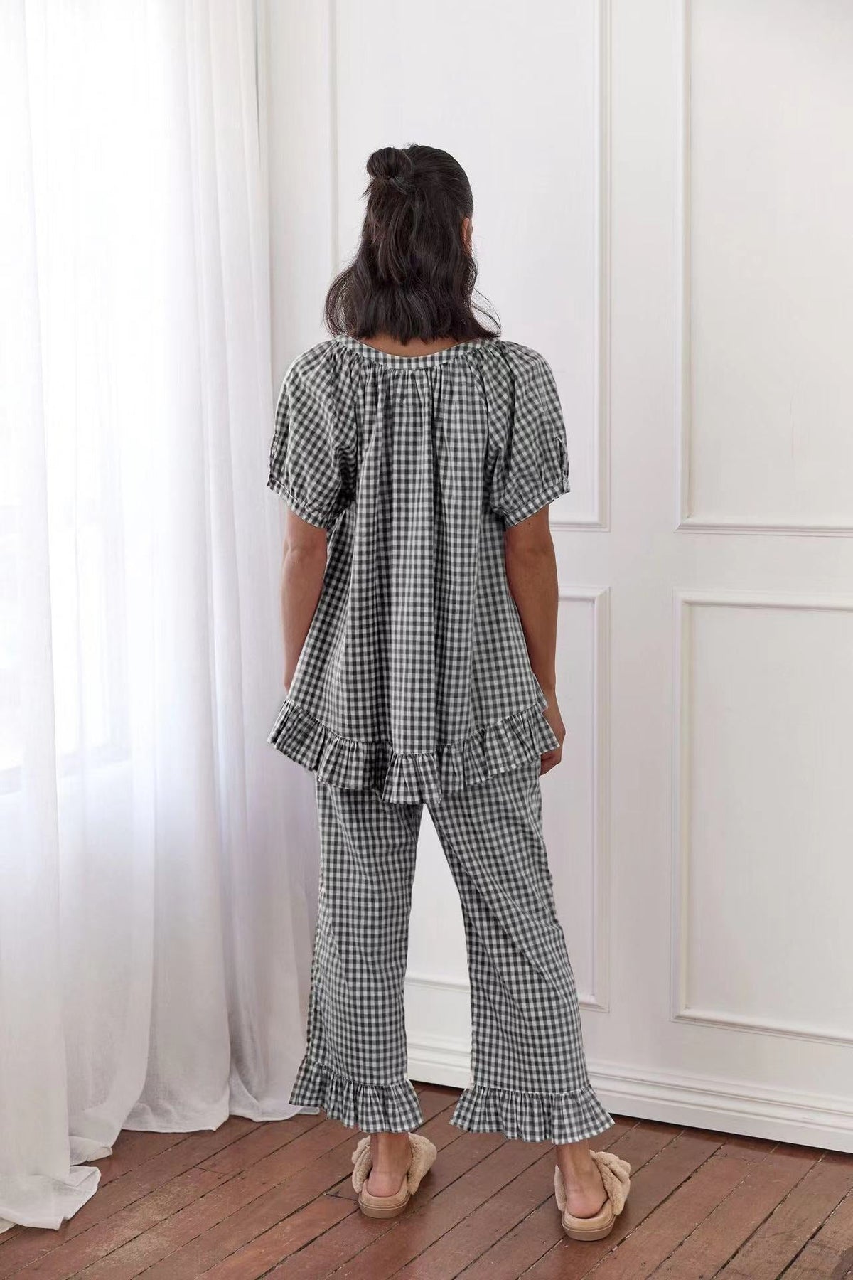 Relaxed Ruffled Plaid Print Shirt Pajama Set