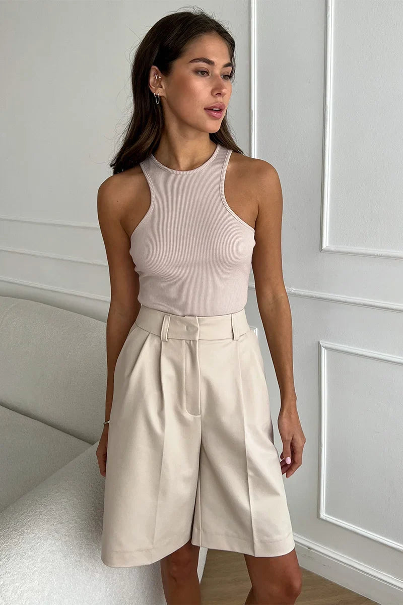 High-Waisted Pleated Bermuda Shorts