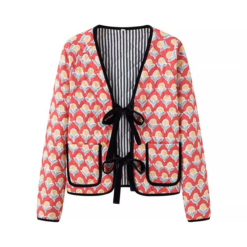 Lightweight Jacket with Floral Print and Bow Details