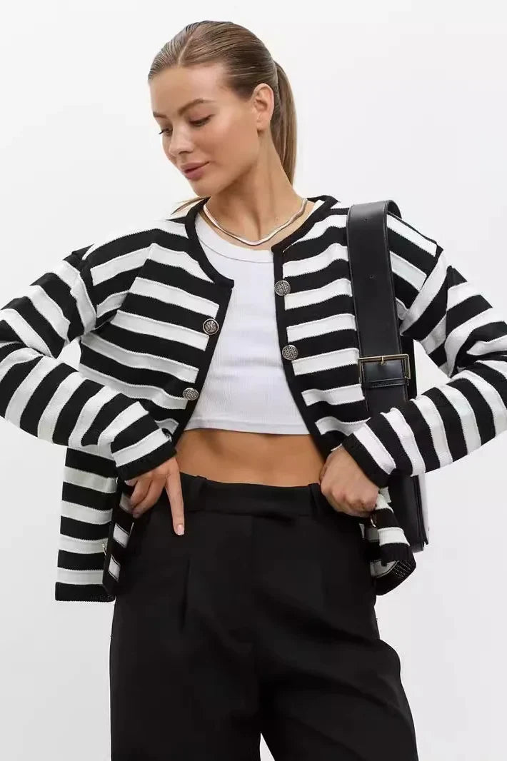 Striped Dropped Shoulder Long Sleeve Knit Cardigan