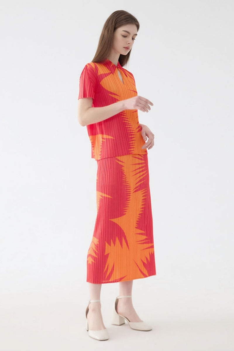 Coordinated Pleated Lapel Top Two-Piece Set Skirt