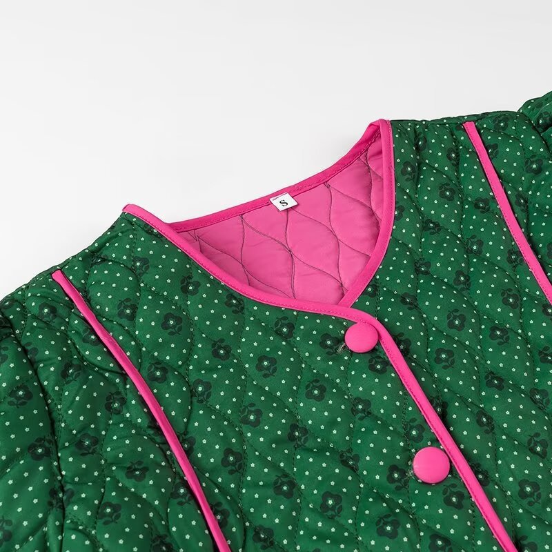 Quilted Jacket with Floral Print and Pink Bows