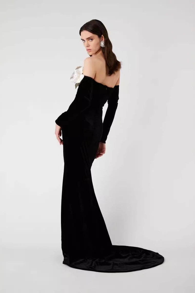 Lara Bowtie Off-shoulder Velvet Maxi-Length Dress