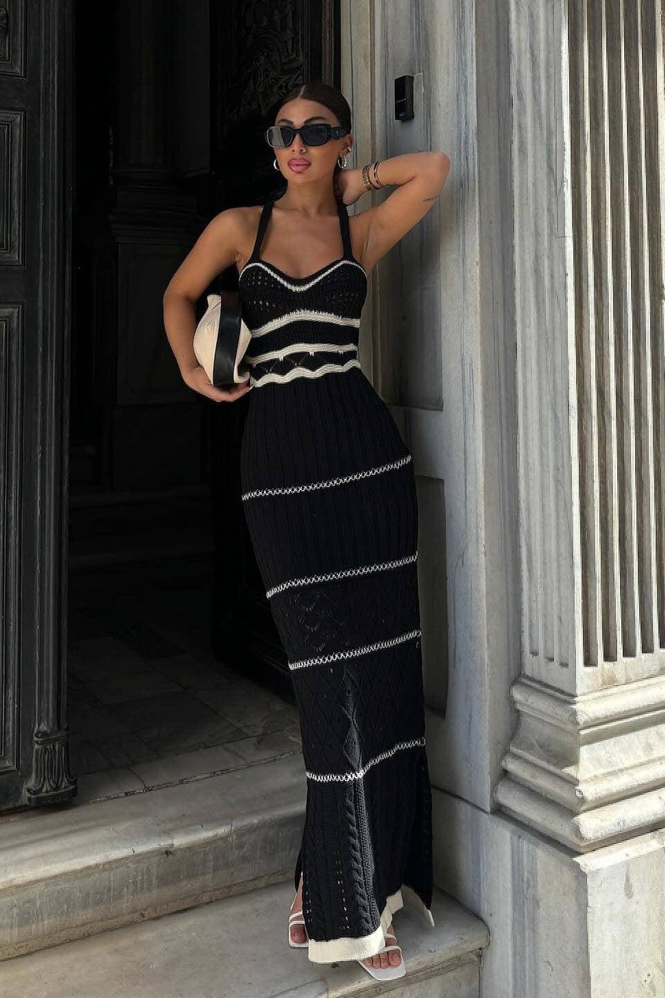 Modern Esther Knit Hollow Out Maxi Slit Dress