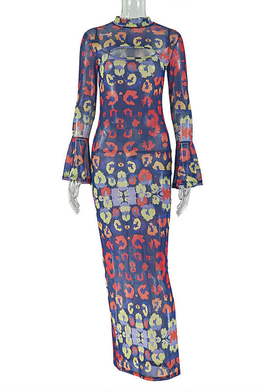 Indigo Retro Blush Art-Pattern Maxi-Length Dress