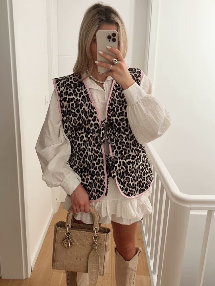 Denim Vest with Leopard Print, Bow Details and Relaxed Fit