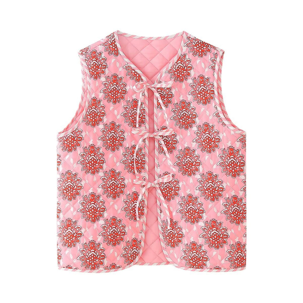 Denim Vest with Floral Print, V-Neck and Tie Details