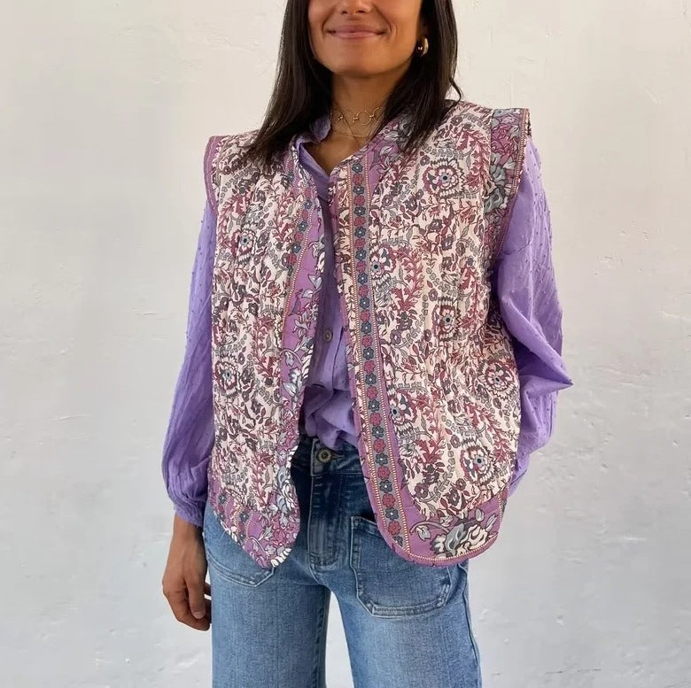 Lightweight Denim Vest with Ethnic Print and Relaxed Fit