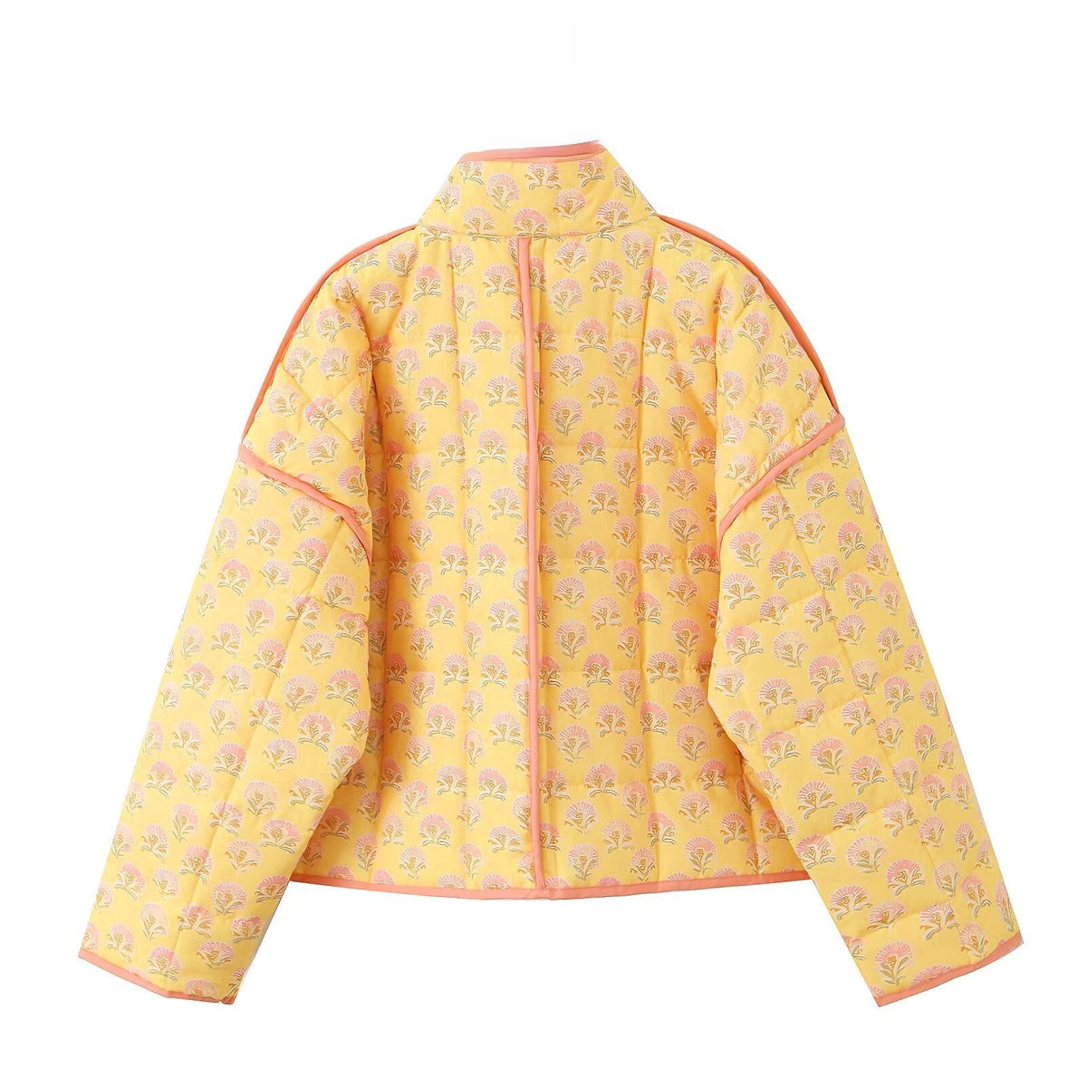Jacket with Floral Print, Patchwork and Stand Collar