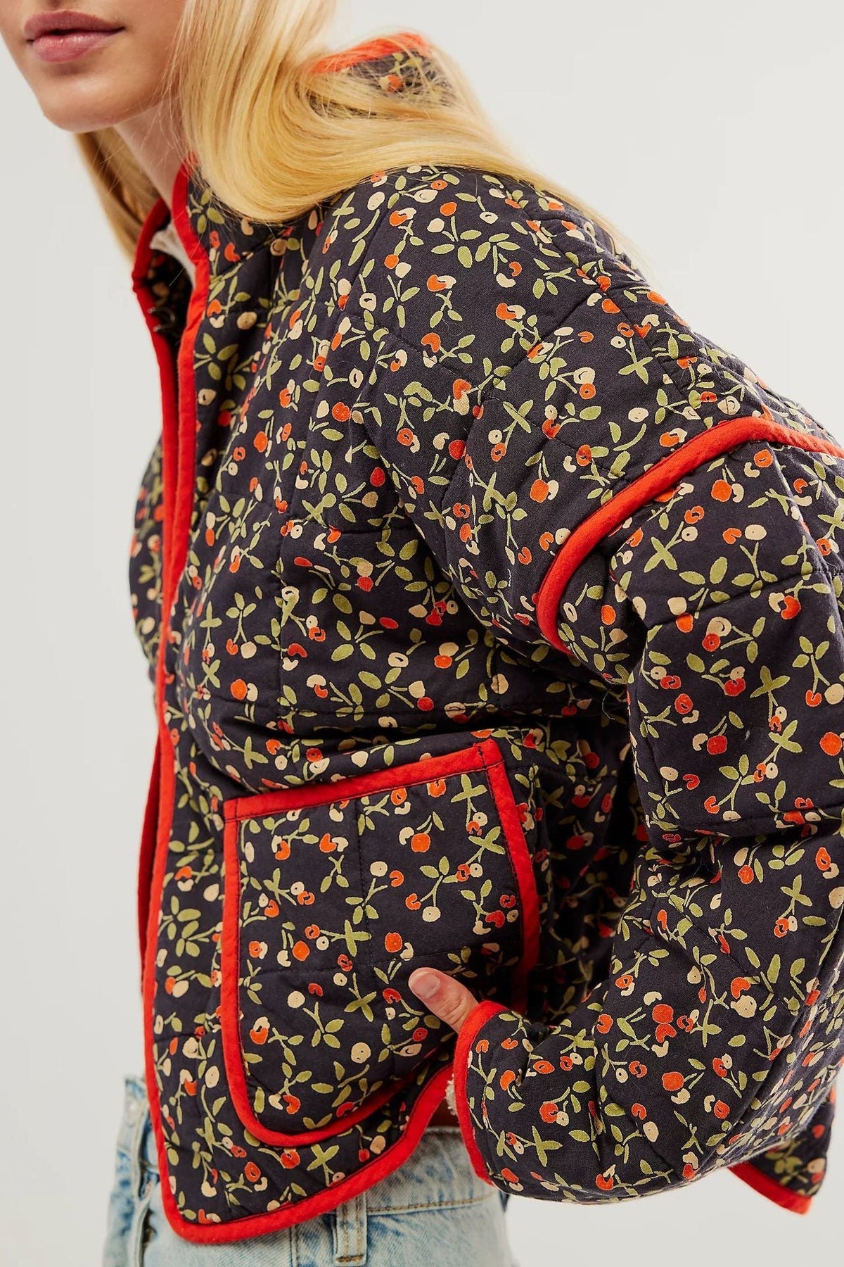 Jacket with Floral Print, Pockets and Drop Shoulders
