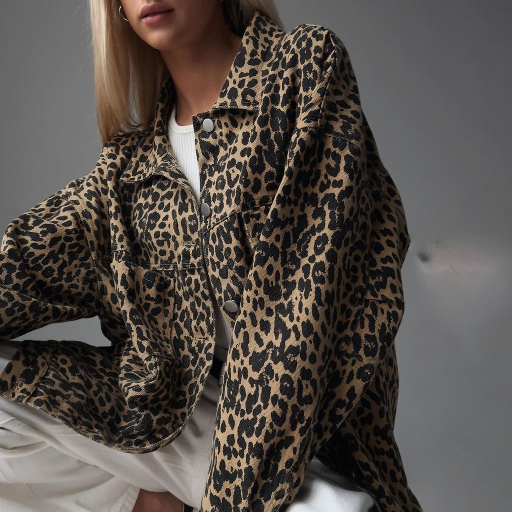 Denim Jacket with Leopard Print and Relaxed Fit