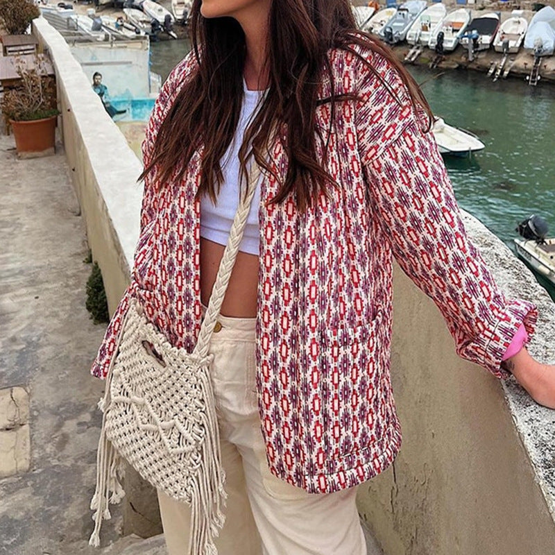 Quilted Jacket with Floral Print, Geometric Pattern and Pockets