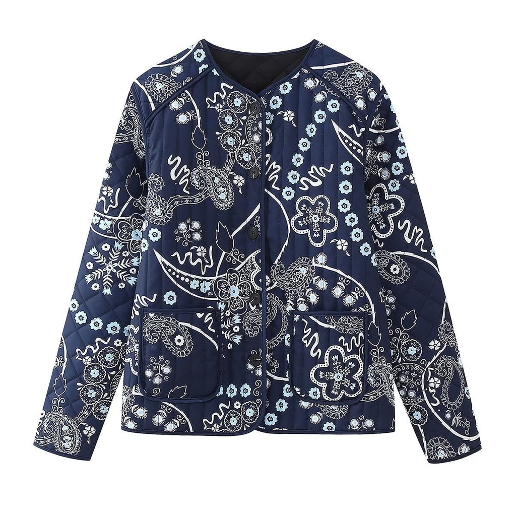 Quilted Jacket with Floral Print and Ethnic Print
