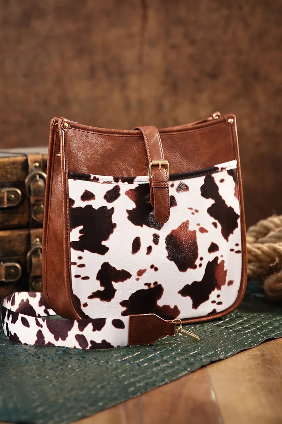 Modern Western Cowboy Style Brown Cow Print Crossbody Bag