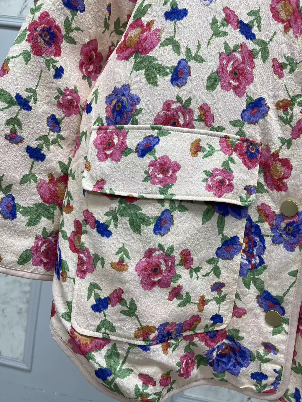 Denim Jacket with Floral Print, Pockets and Relaxed Fit
