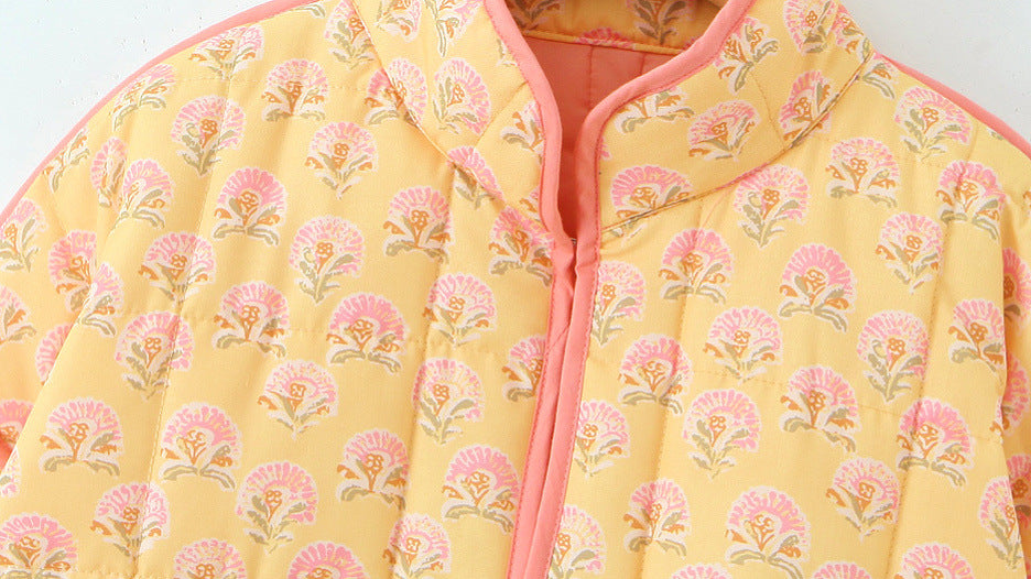 Jacket with Floral Print, Patchwork and Stand Collar
