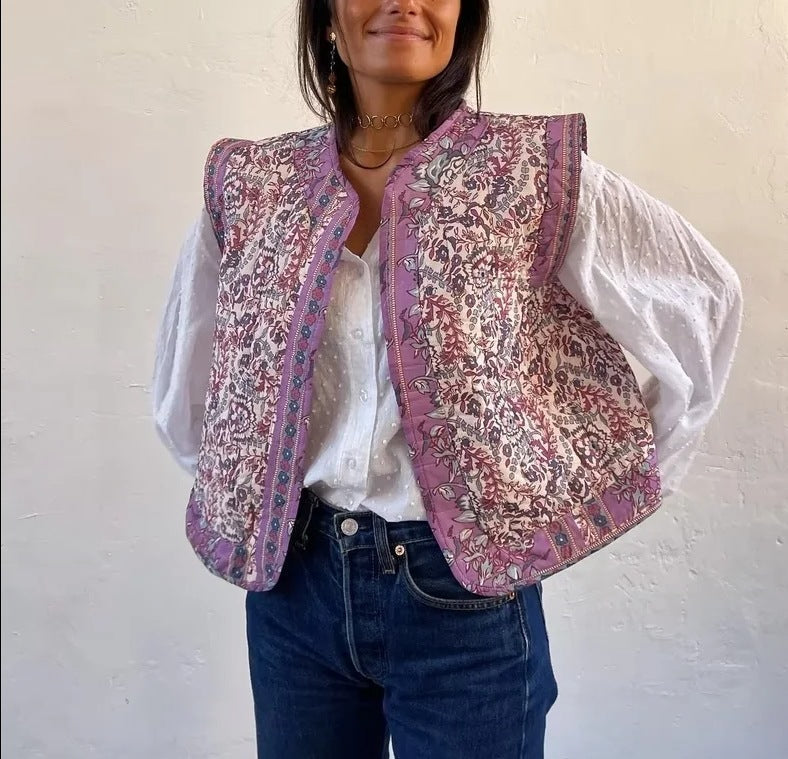 Lightweight Denim Vest with Ethnic Print and Relaxed Fit