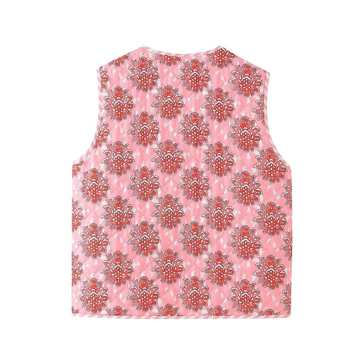 Denim Vest with Floral Print, V-Neck and Tie Details
