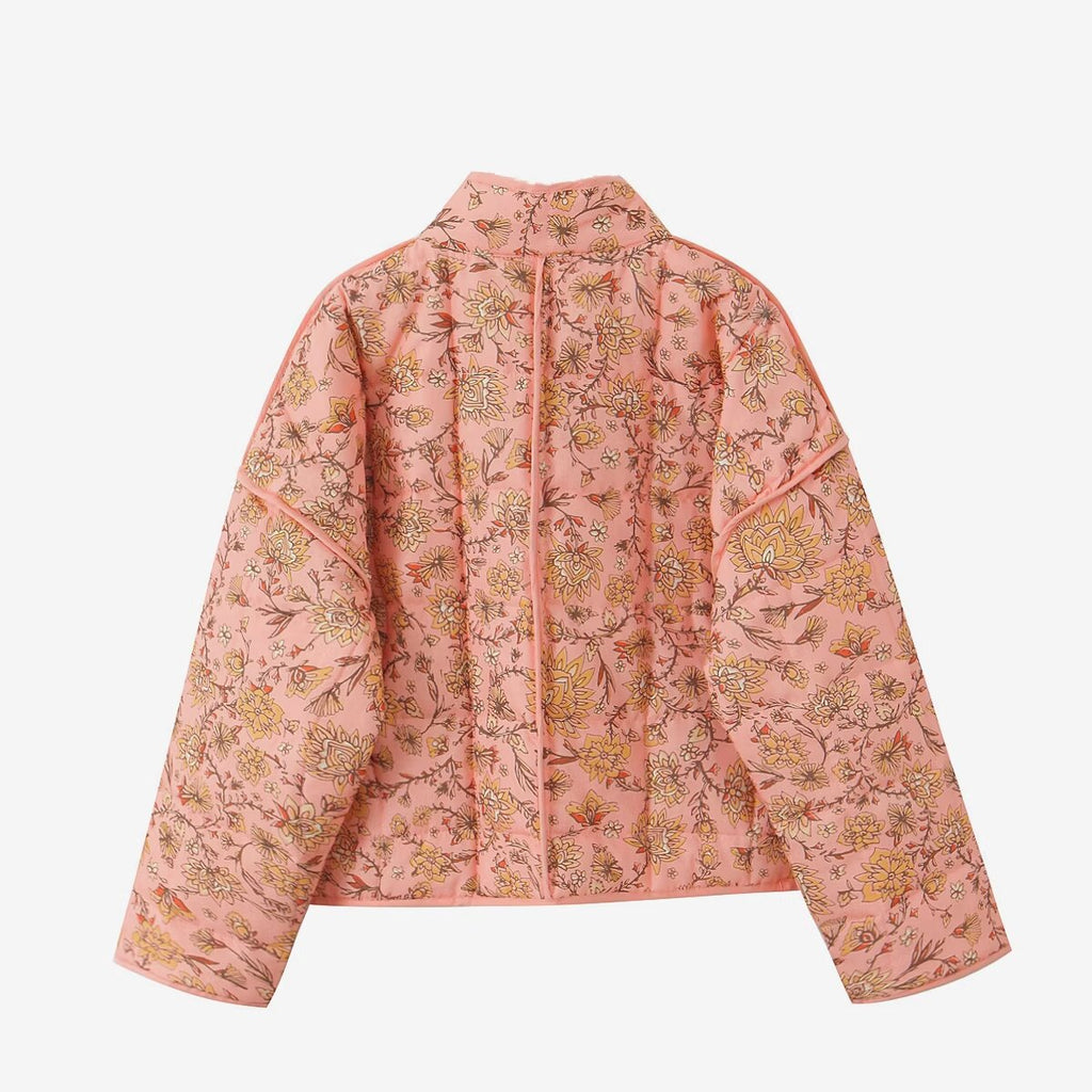 Jacket with Floral Print, Patchwork and Stand Collar