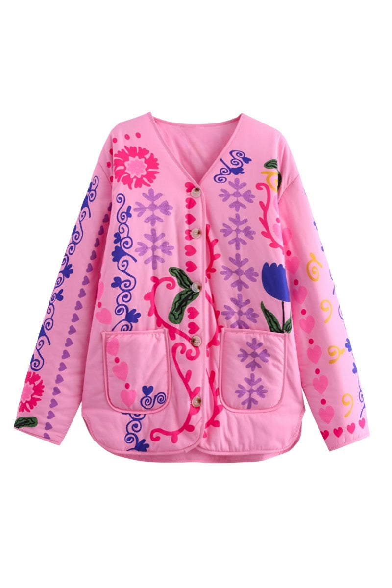 Cute Flower Print Pocket Jacket