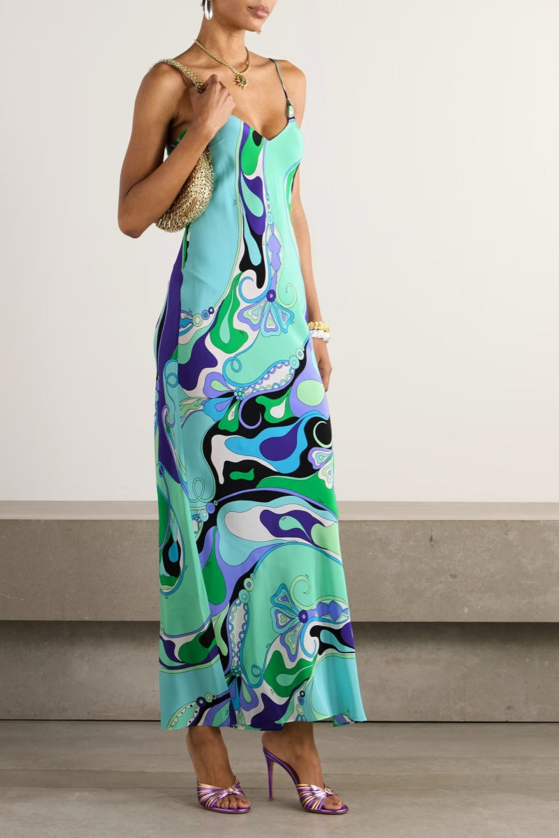 Marmo Patterned Satin Maxi-Length Dress