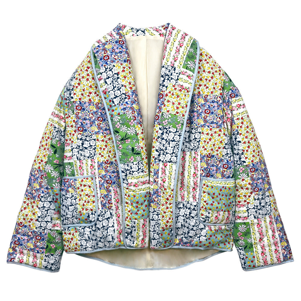 Jacket with Floral Print, Patchwork and Pockets