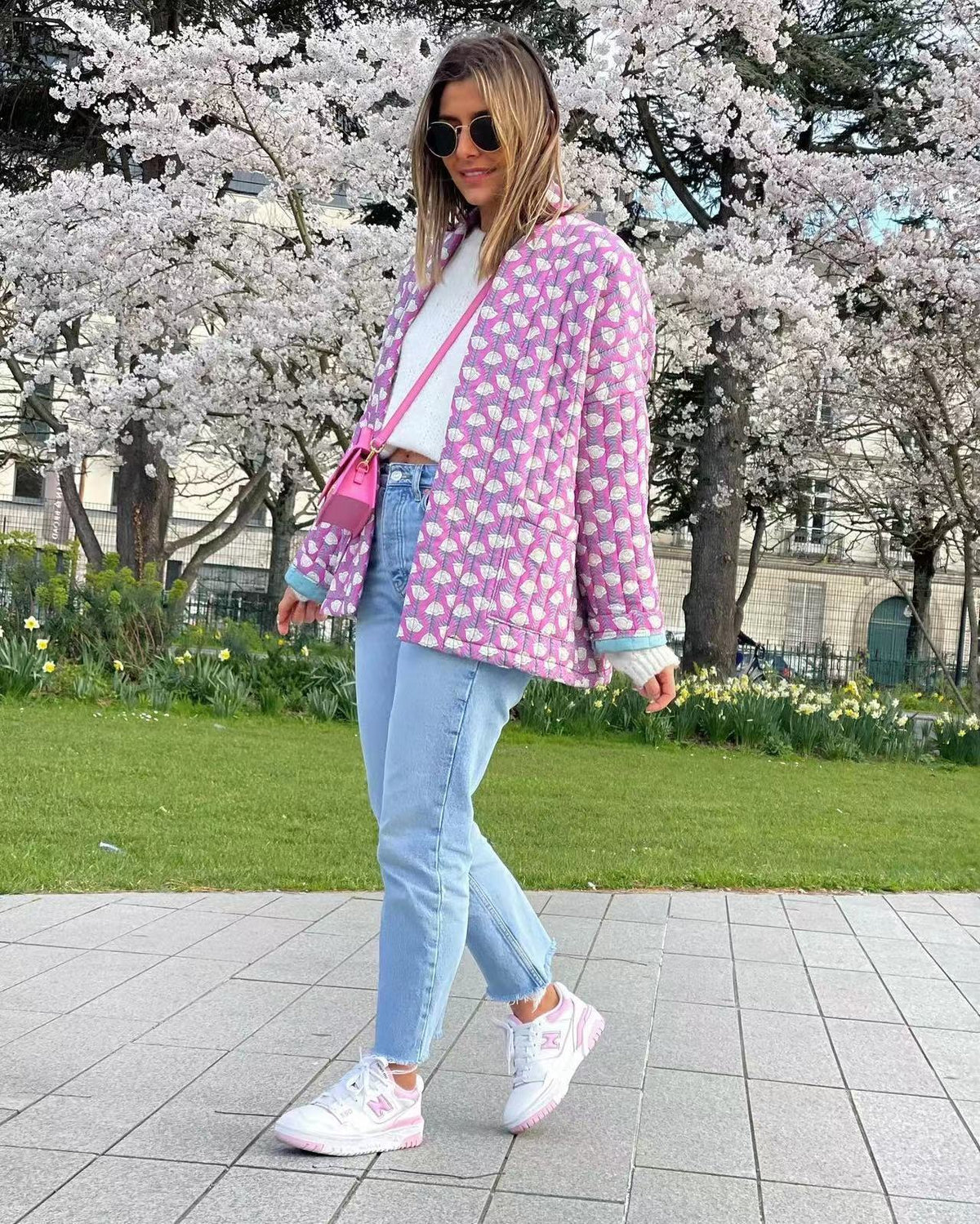 Quilted Jacket with Floral Print, Geometric Pattern and Pockets