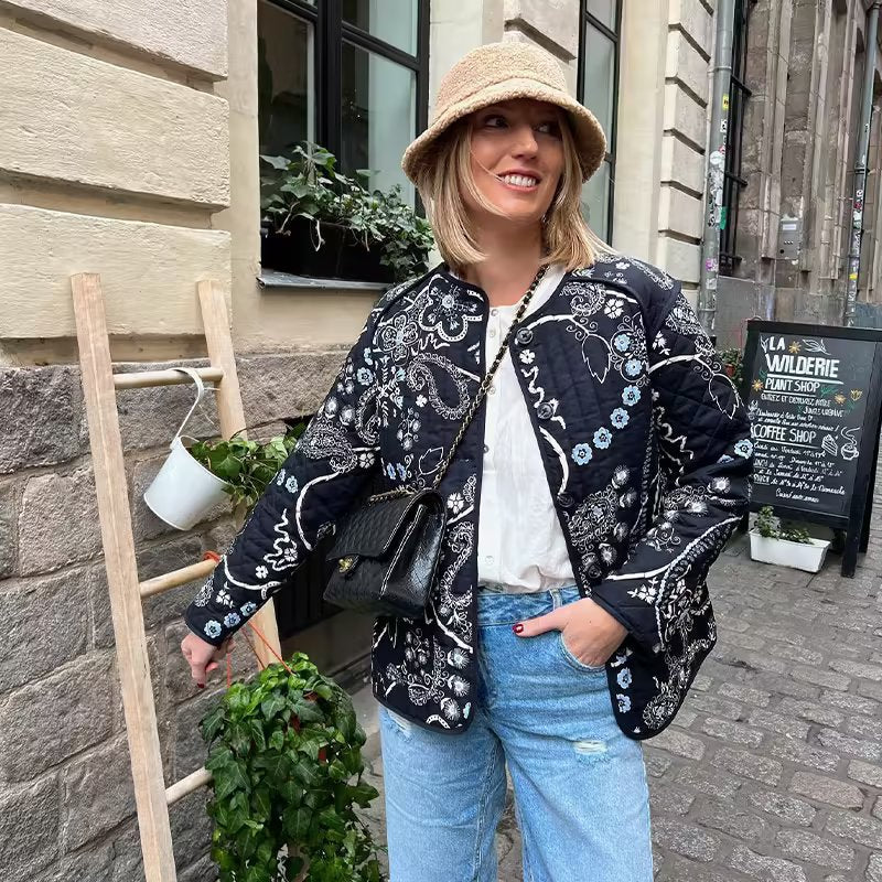 Quilted Jacket with Floral Print and Ethnic Print