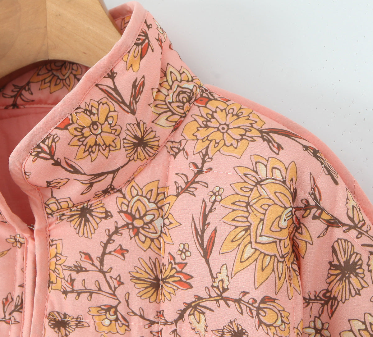 Jacket with Floral Print, Patchwork and Stand Collar