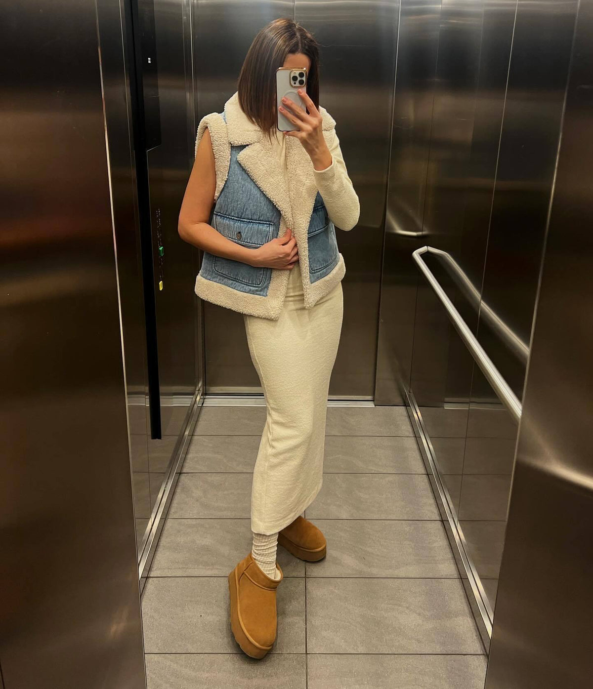 Denim Vest with Lapel Collar and Pockets