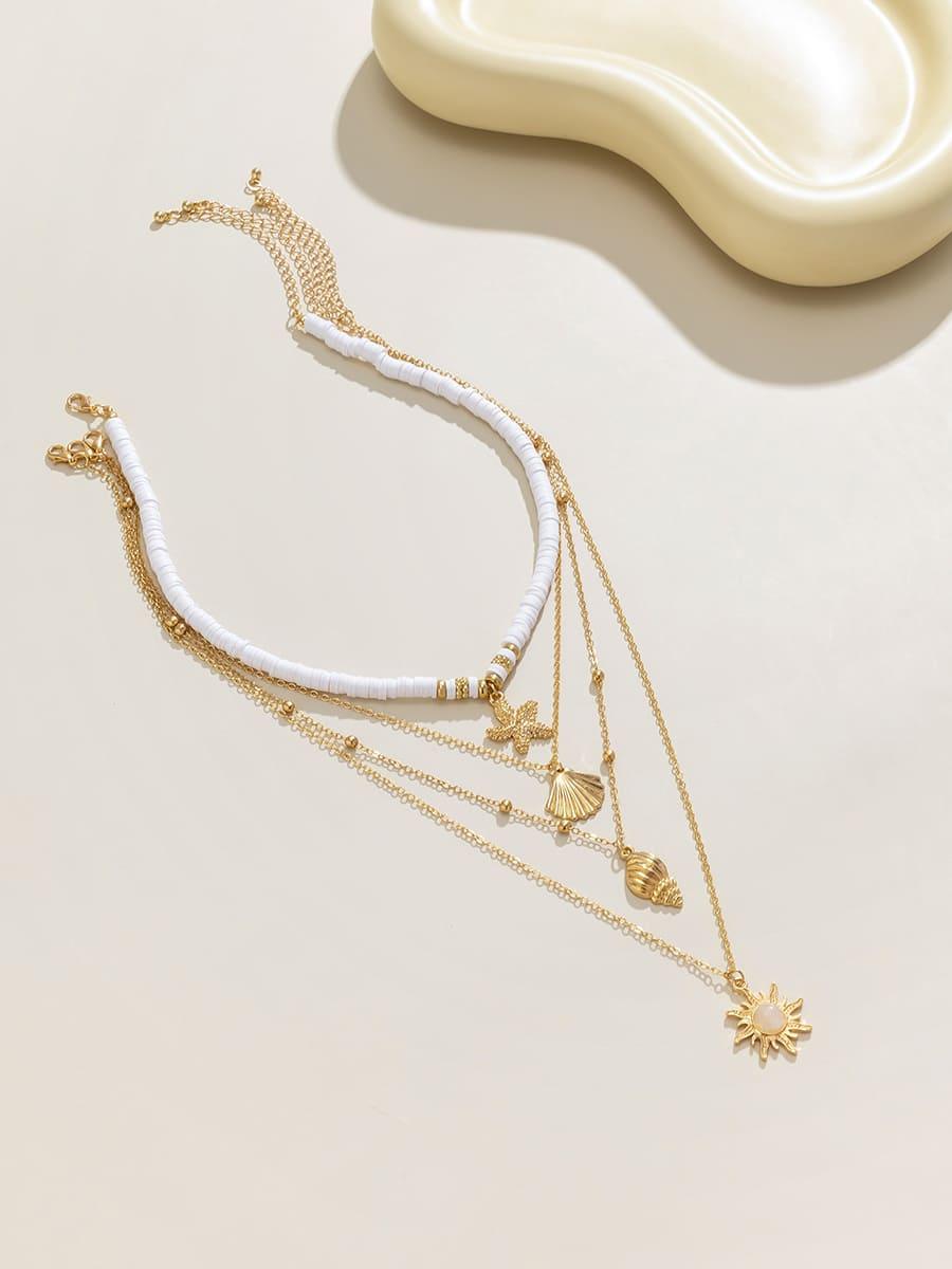 Statement South Pacific Shell Starfish Multi-Layer Necklace Gold