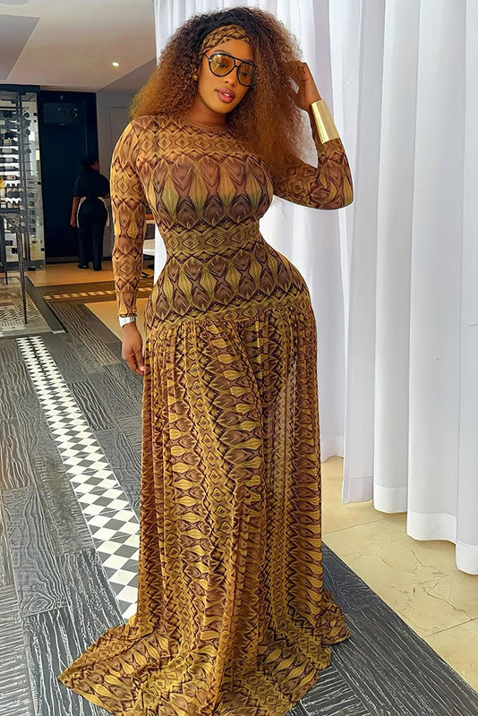 Retro Feather Print Sheer Maxi-Length Dress