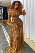 Retro Feather Print Sheer Maxi-Length Dress