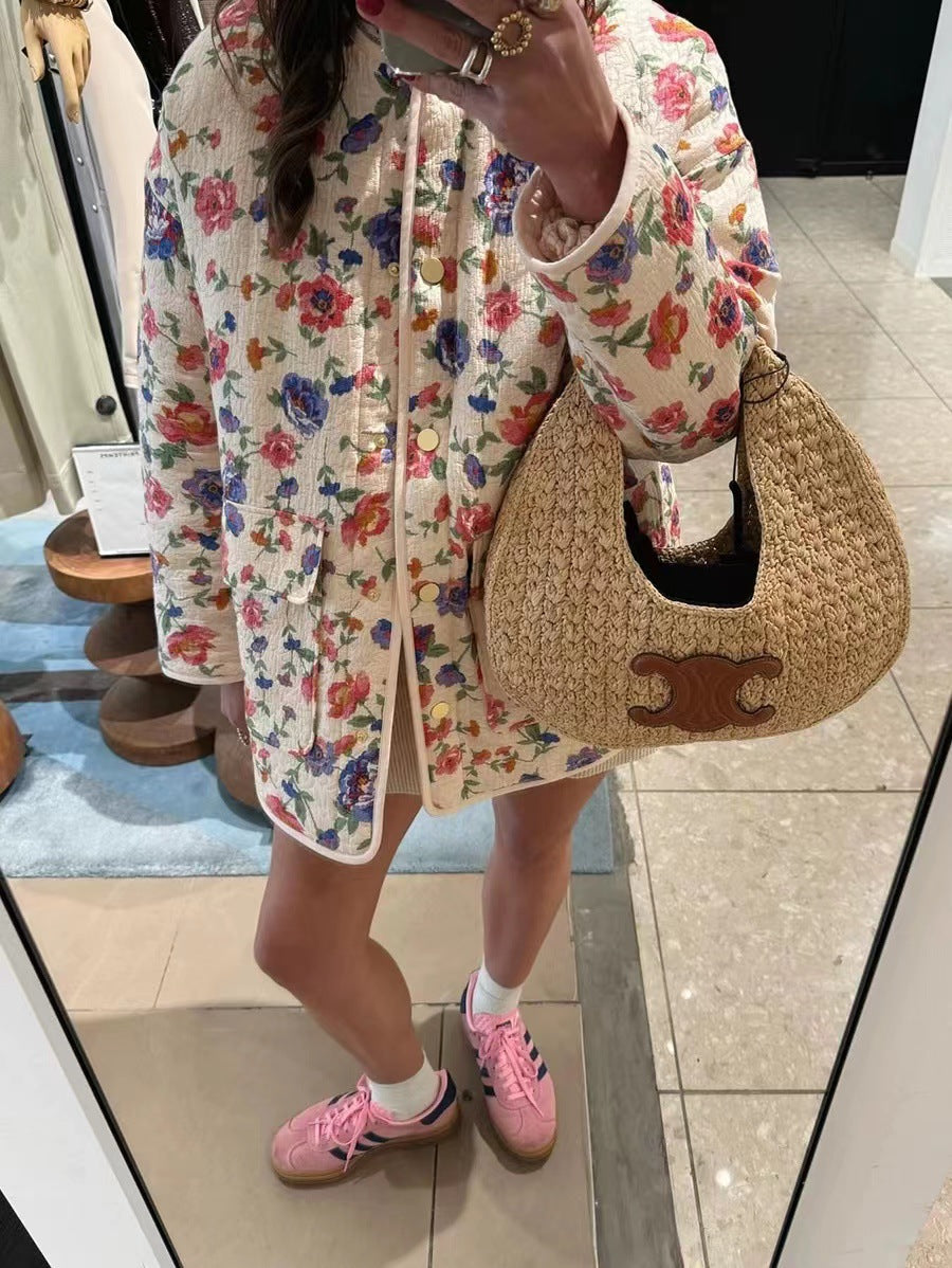 Denim Jacket with Floral Print, Pockets and Relaxed Fit