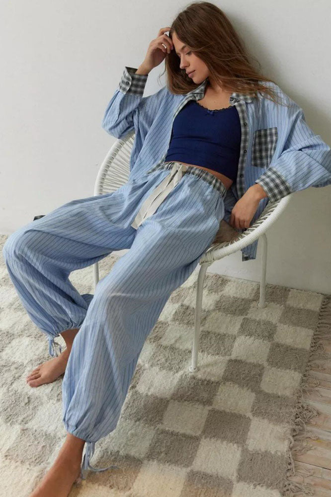 Coordinated Sky Blue Loose Splice Pajama Set