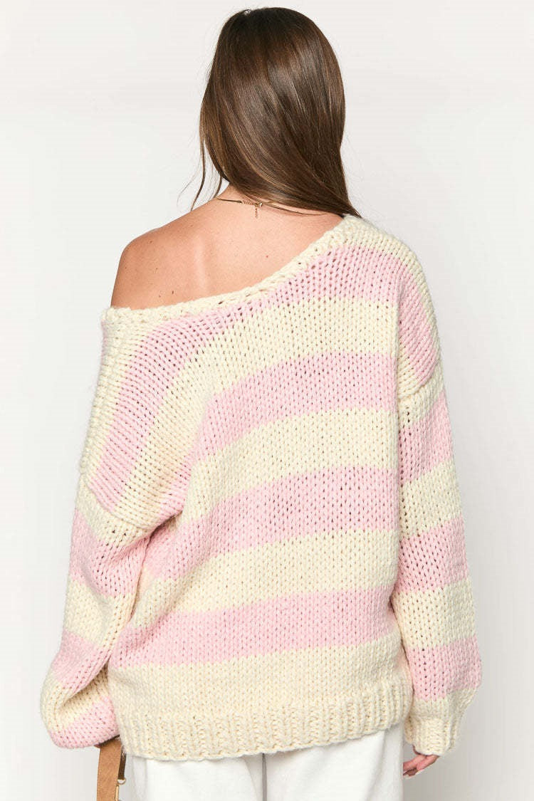 Off-shoulder Striped Knit Sweater