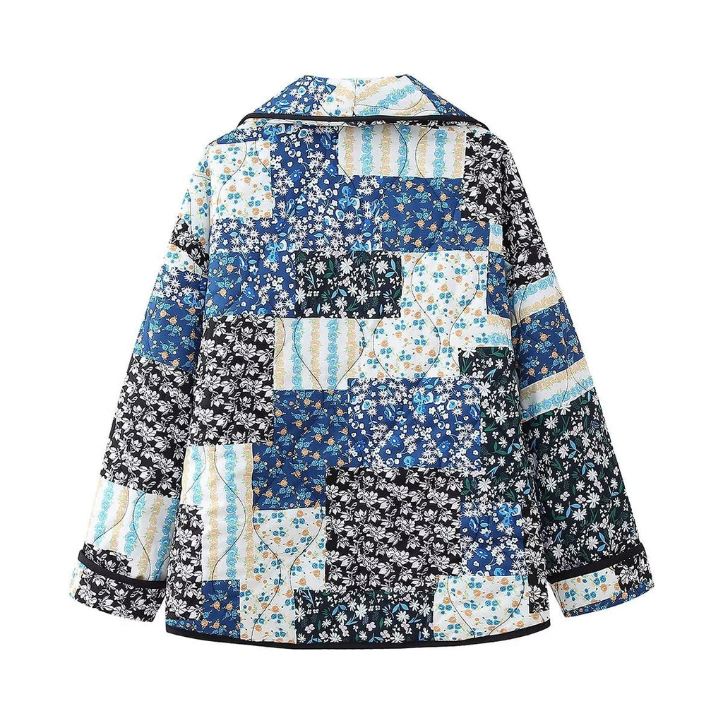 Jacket with Floral Print, Patchwork and Lapel Collar