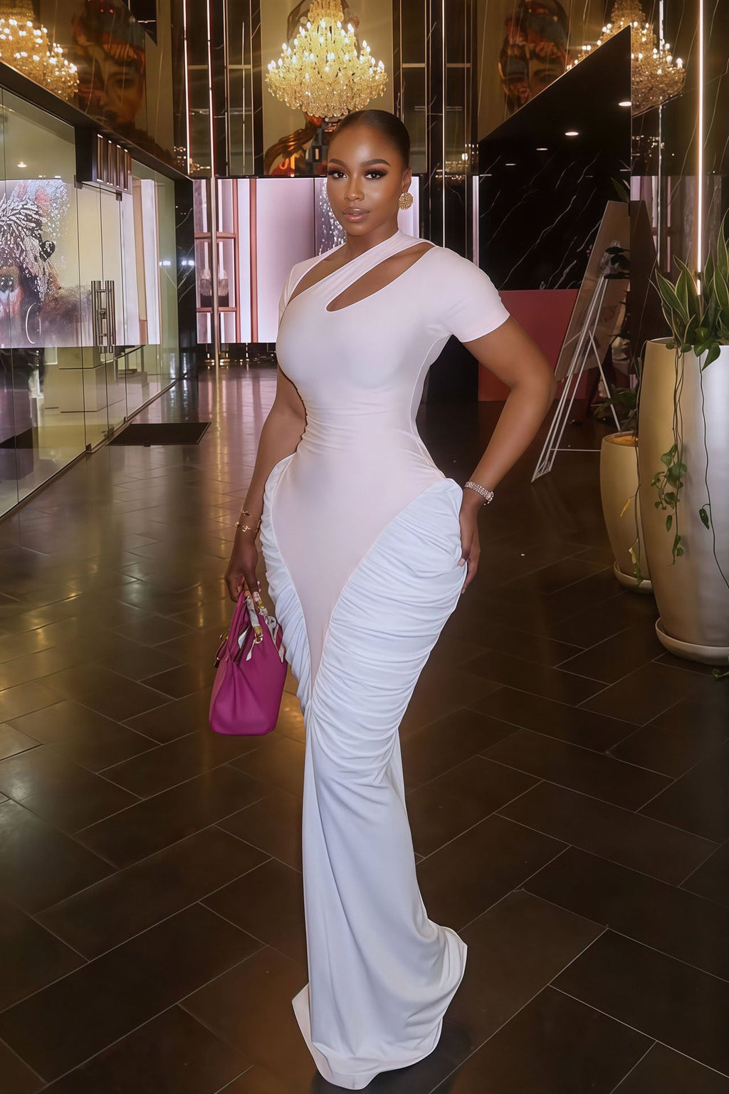 Ruched White Cut-Out Fitted Maxi-Length Dress
