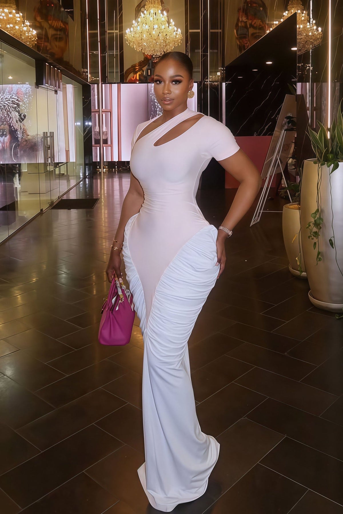 Ruched White Cut-Out Fitted Maxi-Length Dress