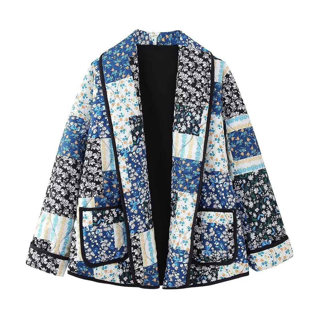 Jacket with Floral Print, Patchwork and Lapel Collar