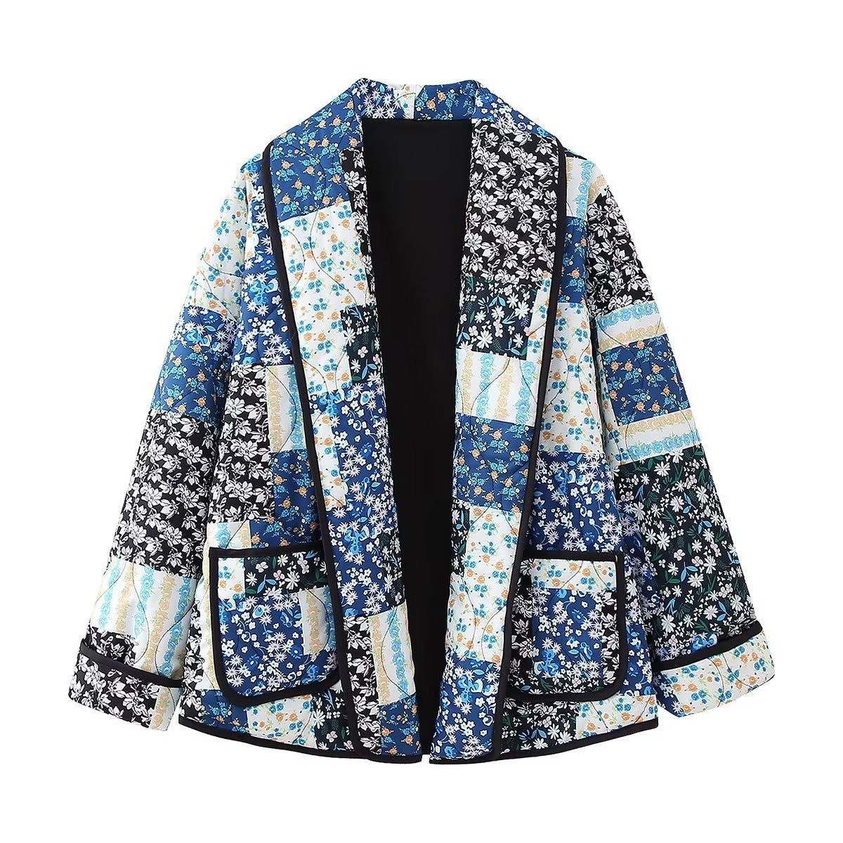 Jacket with Floral Print, Patchwork and Lapel Collar