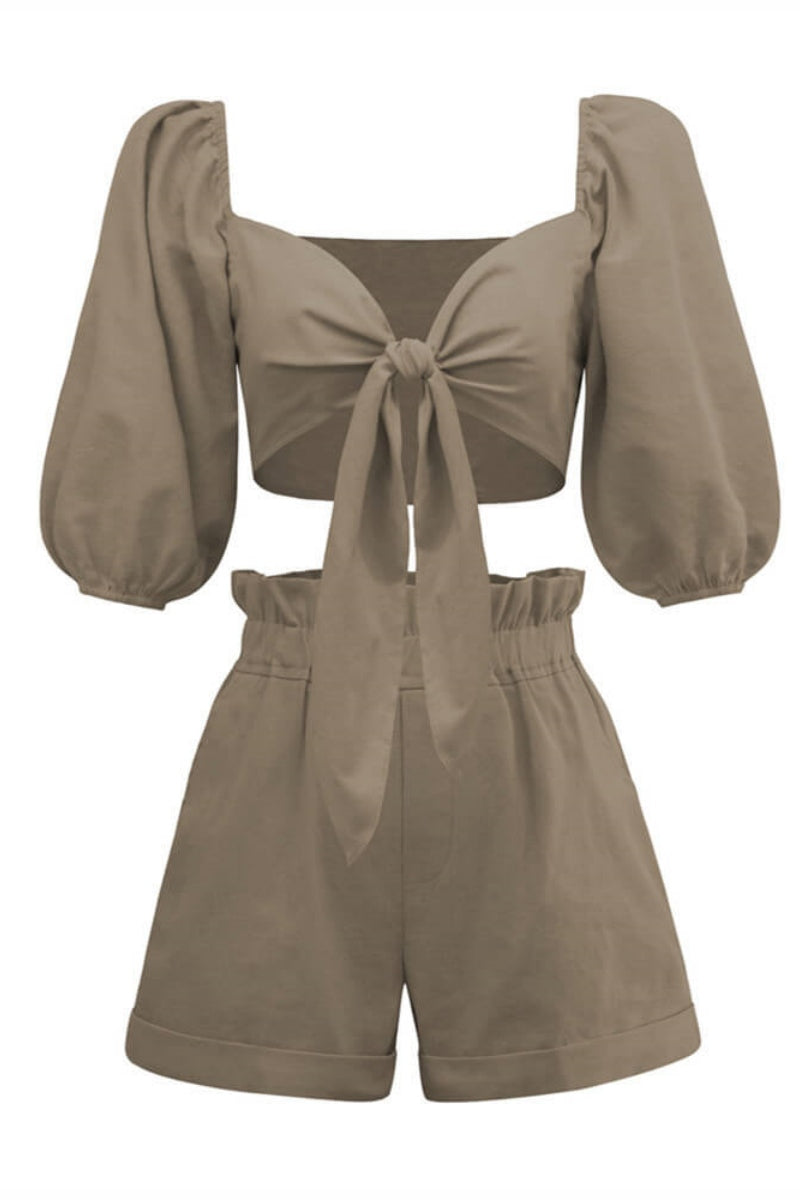 Modern Linen Wrap Front Tie Puff Sleeve Shorts Sets
