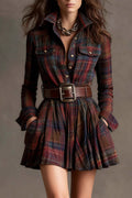 Retro Lapel Red and Brown Plaid Mini-Length Dress(Includes belt)