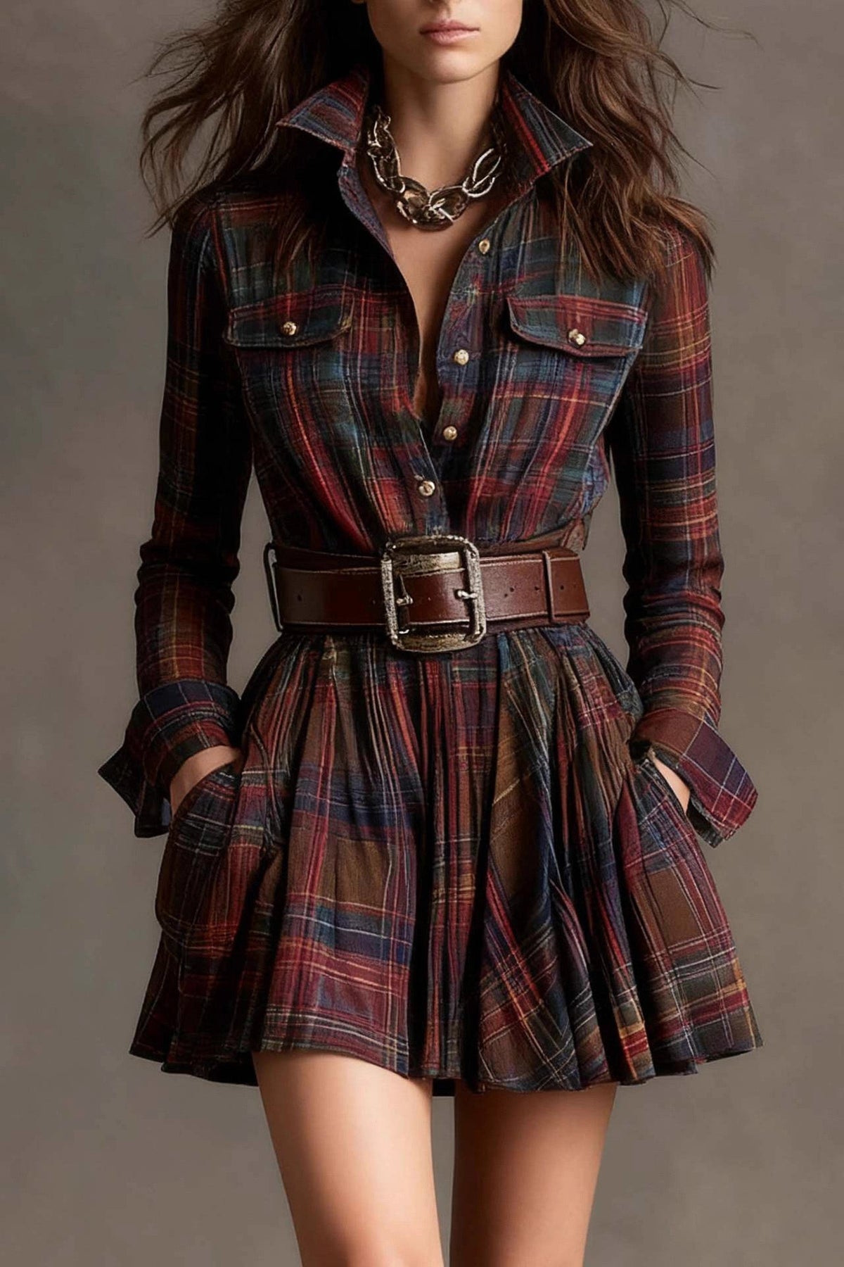 Retro Lapel Red and Brown Plaid Mini-Length Dress(Includes belt)