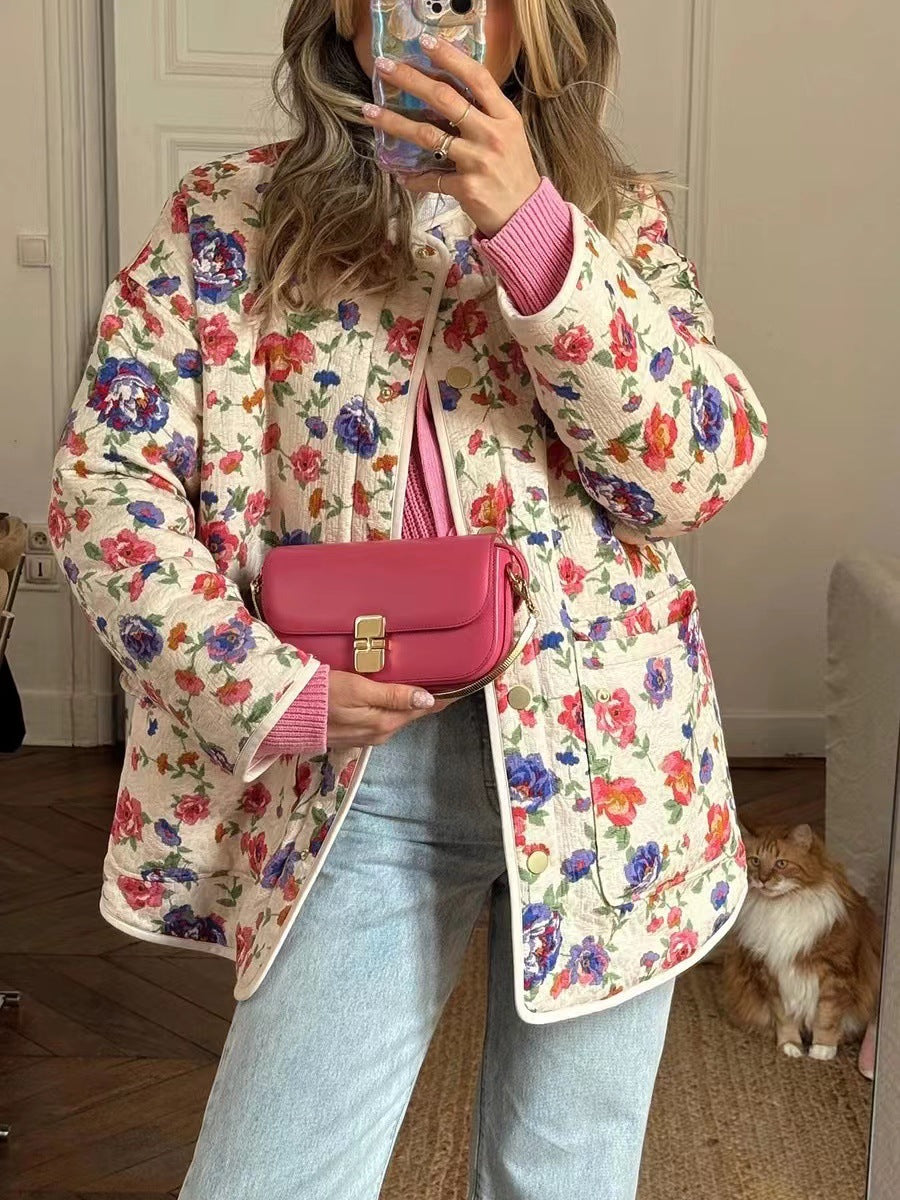 Denim Jacket with Floral Print, Pockets and Relaxed Fit