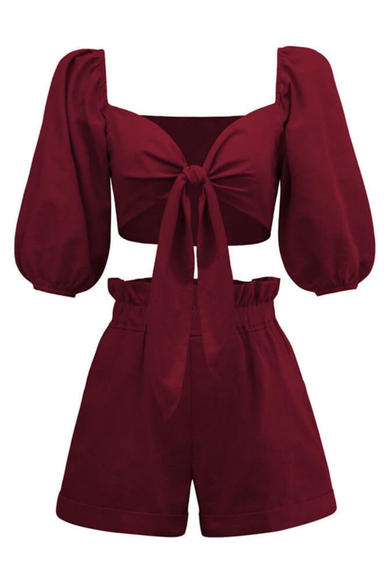 Modern Linen Wrap Front Tie Puff Sleeve Shorts Sets