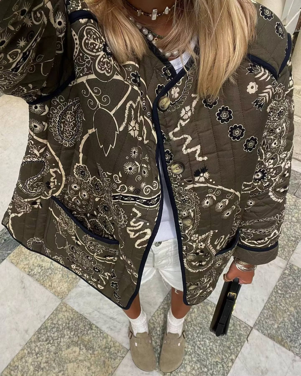 Quilted Jacket with Floral Print and Ethnic Print