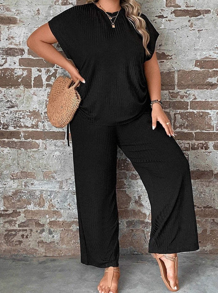 Lana - Two-Piece Plus Size Short-Sleeve Sexy Wide-Leg Pants