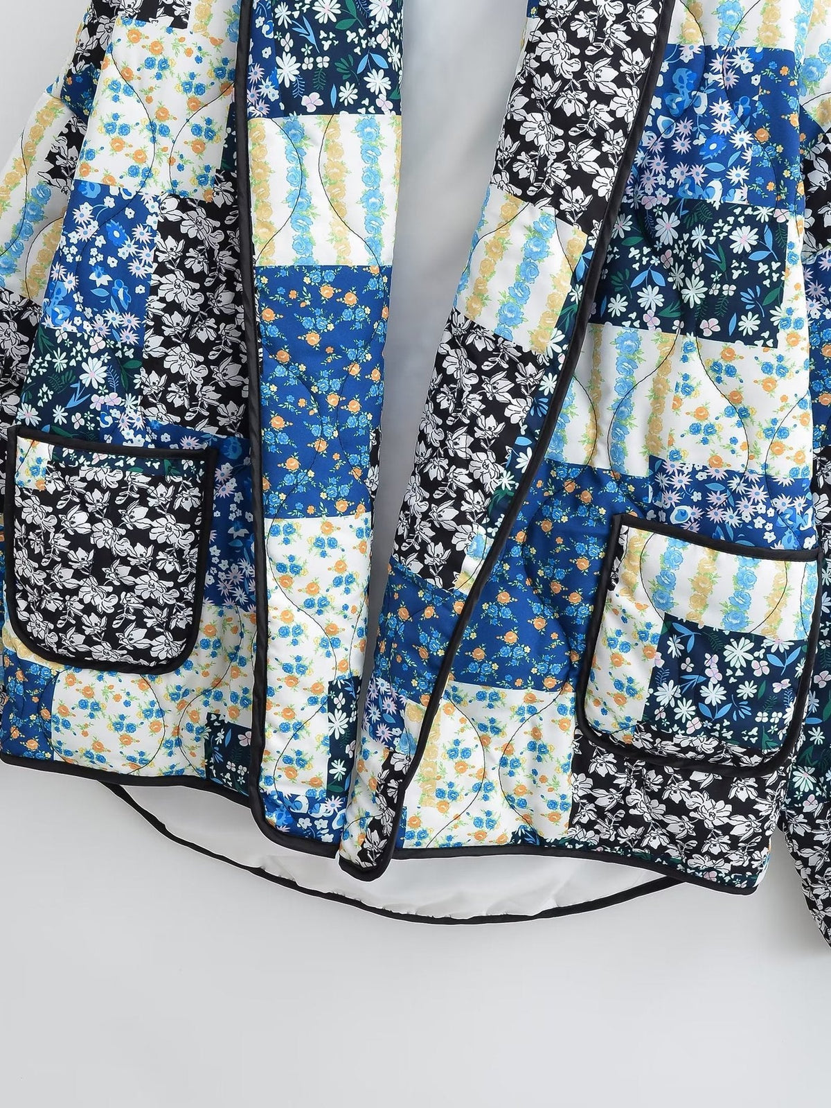 Jacket with Floral Print, Patchwork and Lapel Collar